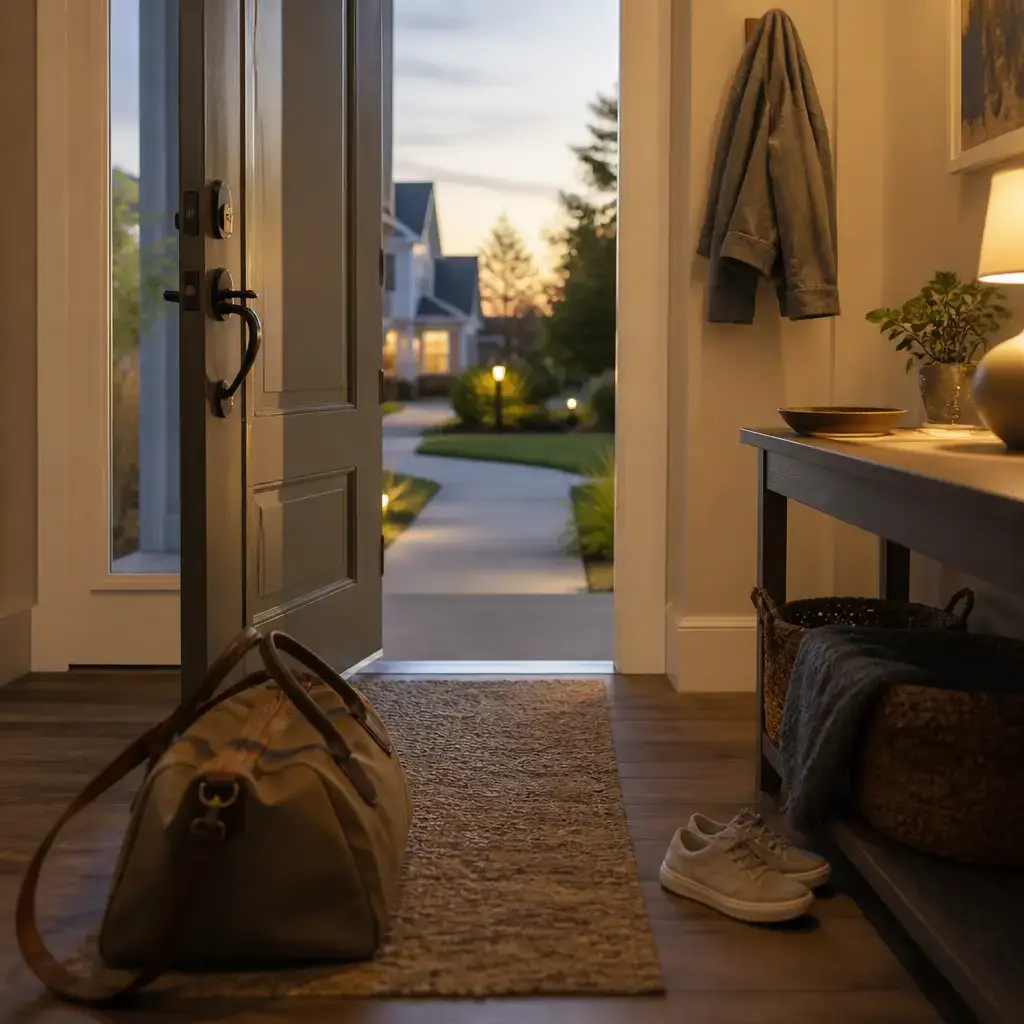 English lesson set in a contemporary everyday setting in the United States: Arriving home and greeting someone in a simple, natural way.