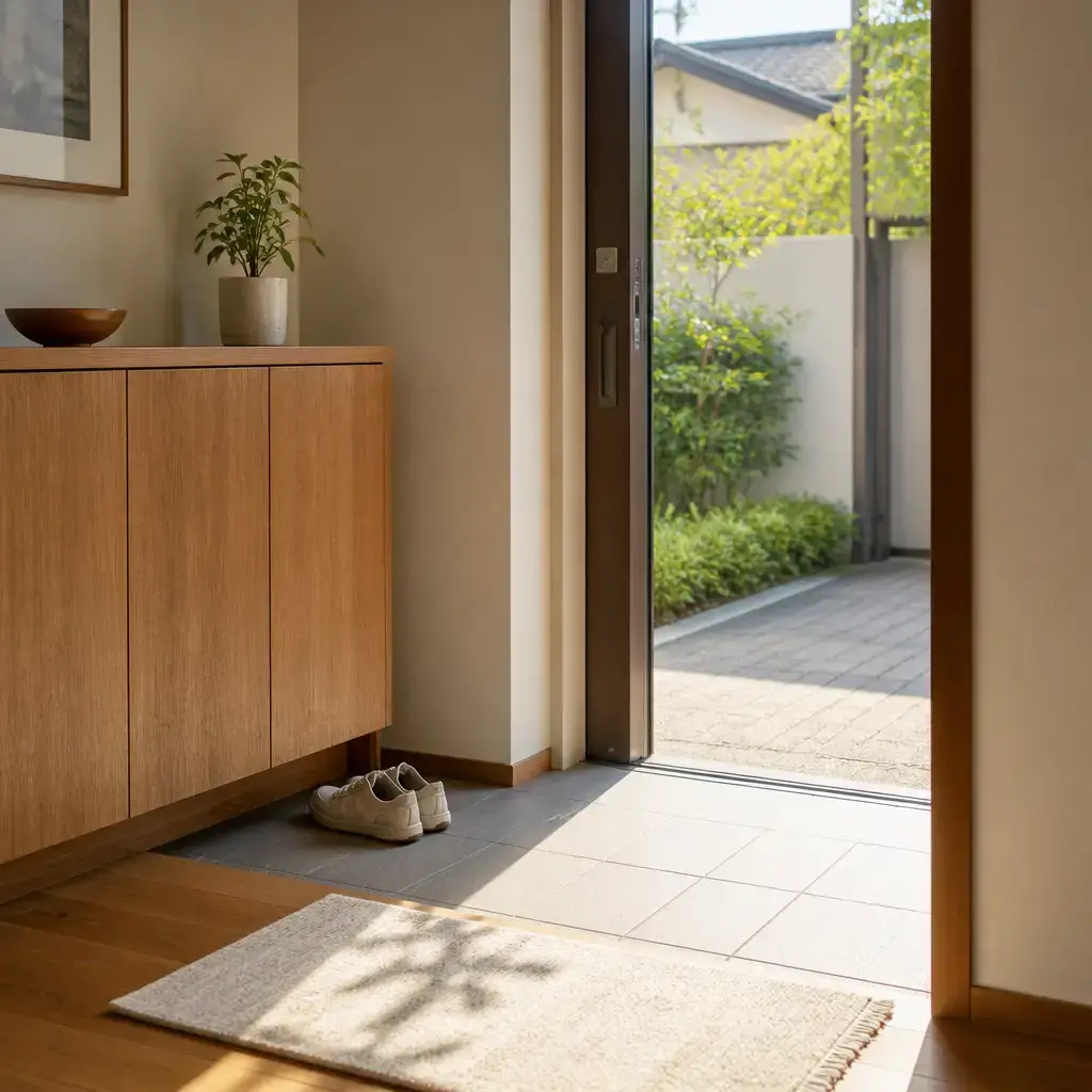 Japanese lesson set in a contemporary Tokyo everyday setting: Morning greeting at home/work/school — casual 'good morning' + brief small talk.