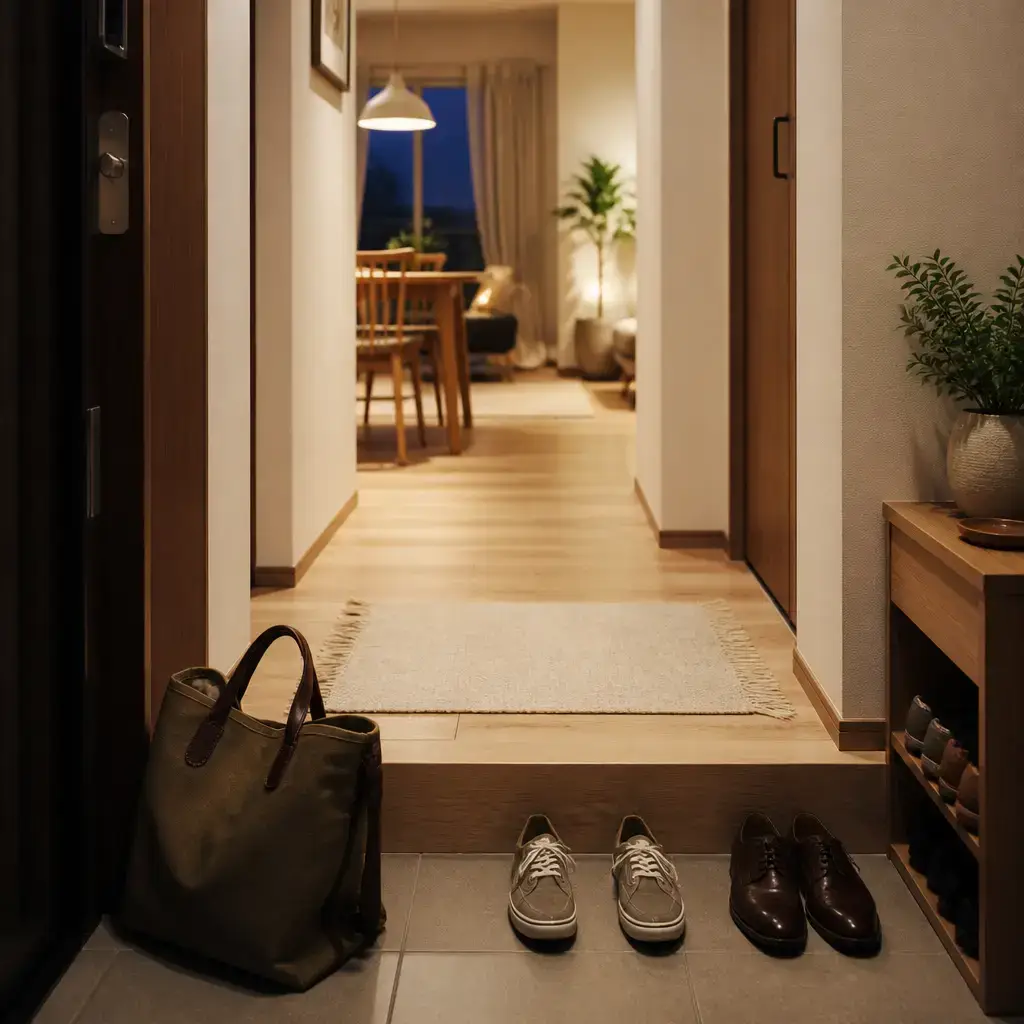 Japanese lesson set in a contemporary Tokyo everyday setting: Arriving home and greeting someone in a simple, natural way.