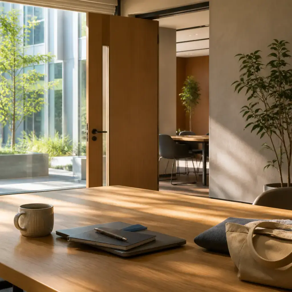 Japanese lesson set in a contemporary Tokyo everyday setting: First-time self-introduction at a shared welcome event — greeting and a simple reason for being there.