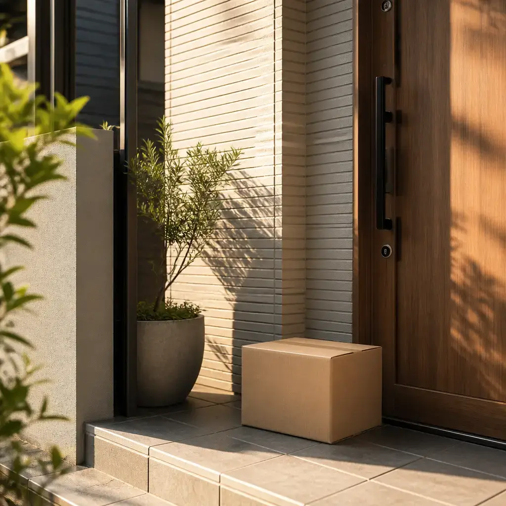 Japanese lesson set in a contemporary Tokyo everyday setting: Missed delivery — asking for another try and a safe place to leave it.