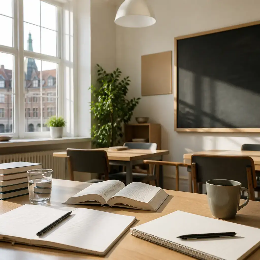 Japanese lesson set in a contemporary Tokyo everyday setting: In a language classroom, two adults work through a confusing lesson question by reading the sentence again..