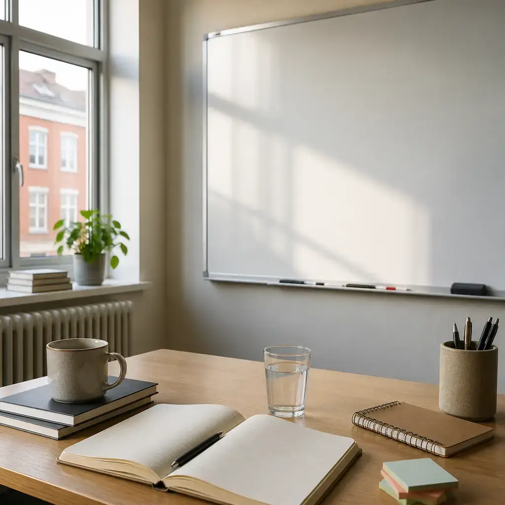 Japanese lesson set in a contemporary Tokyo everyday setting: In a language classroom, two adults discuss a new word by checking its meaning, pronunciation, and example sentence..