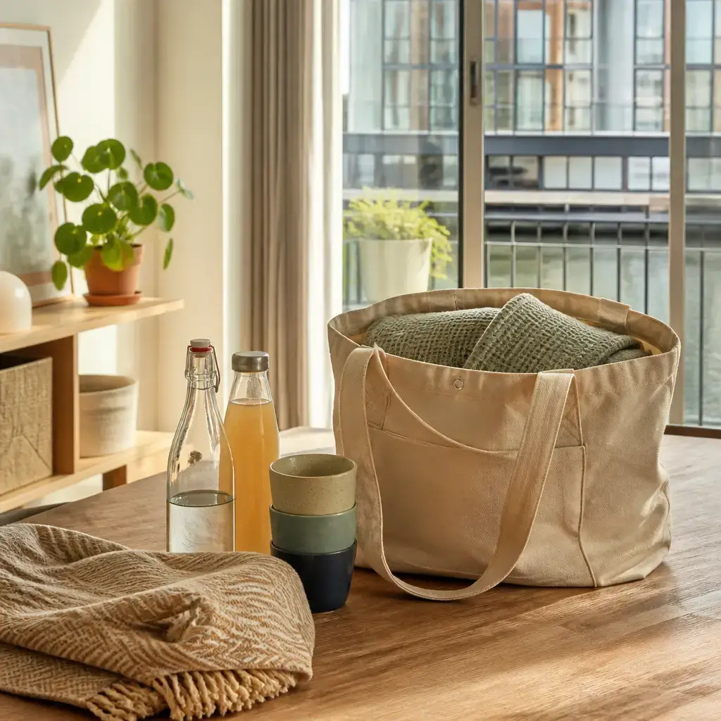Japanese lesson set in a contemporary Tokyo everyday setting: Before a shared outing, two friends decide to bring a blanket, drinks, and cups, then confirm the items fit in a bag..
