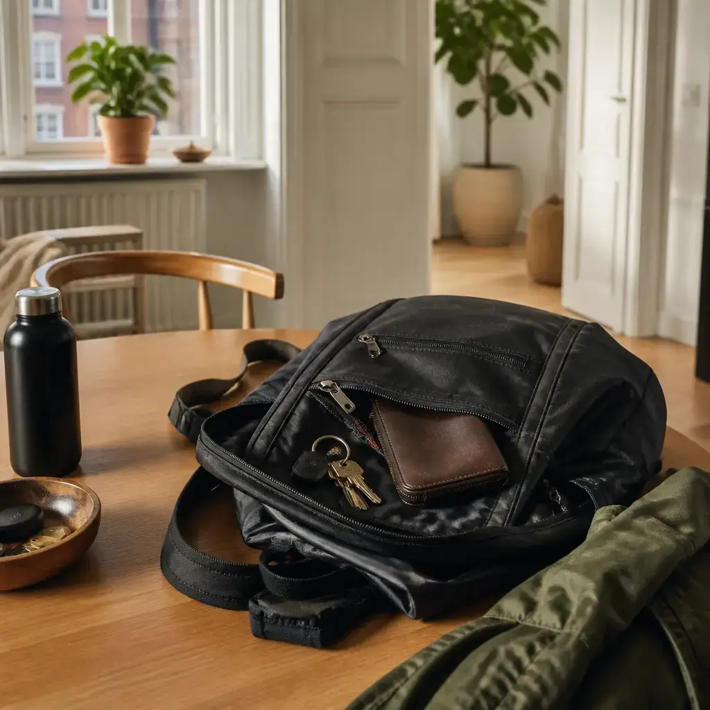 Japanese lesson set in a contemporary Tokyo everyday setting: In daily life, two adults look through a backpack to find a wallet and keys before one person leaves..