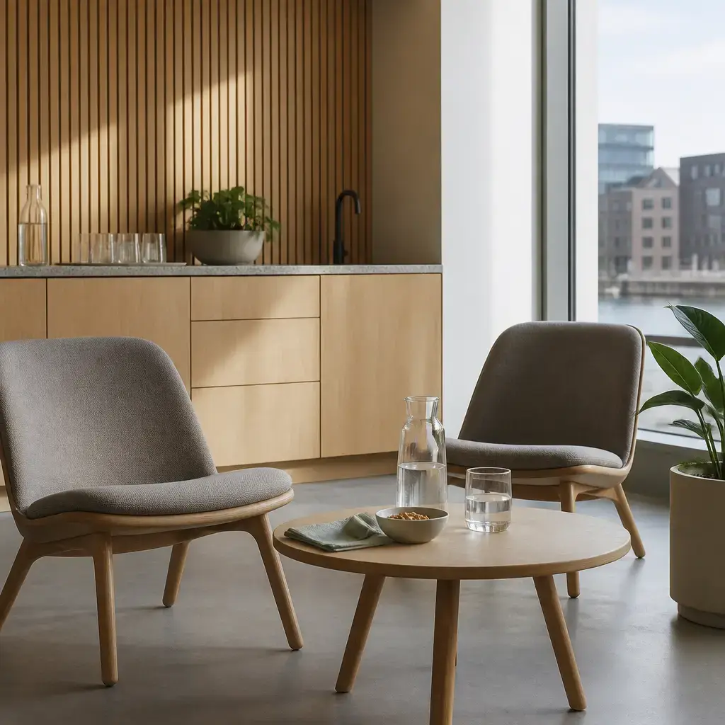 Japanese lesson set in a contemporary Tokyo everyday setting: In a quiet break area, two adults choose a chair, get water, and rest for a short break..