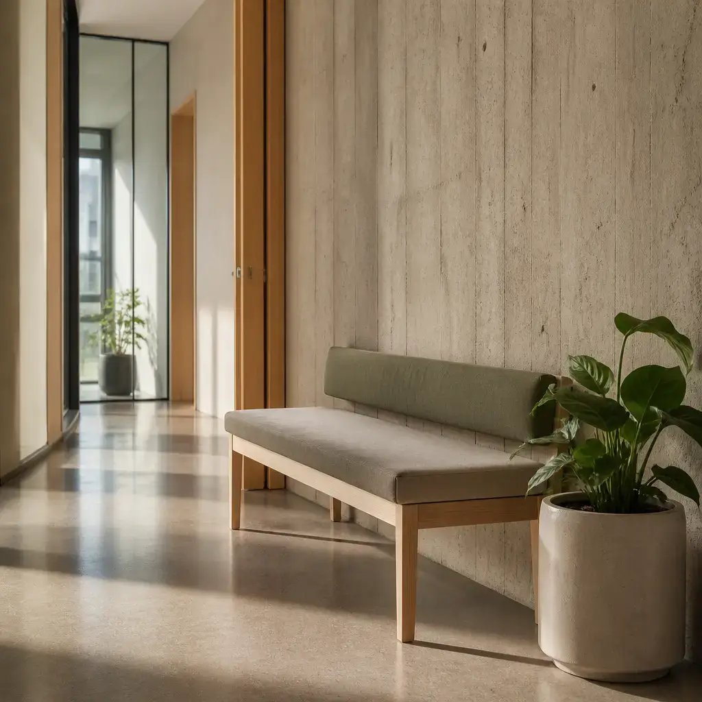 Japanese lesson set in a contemporary Tokyo everyday setting: In a hallway, two adults find a quiet bench and sit together for a short break..