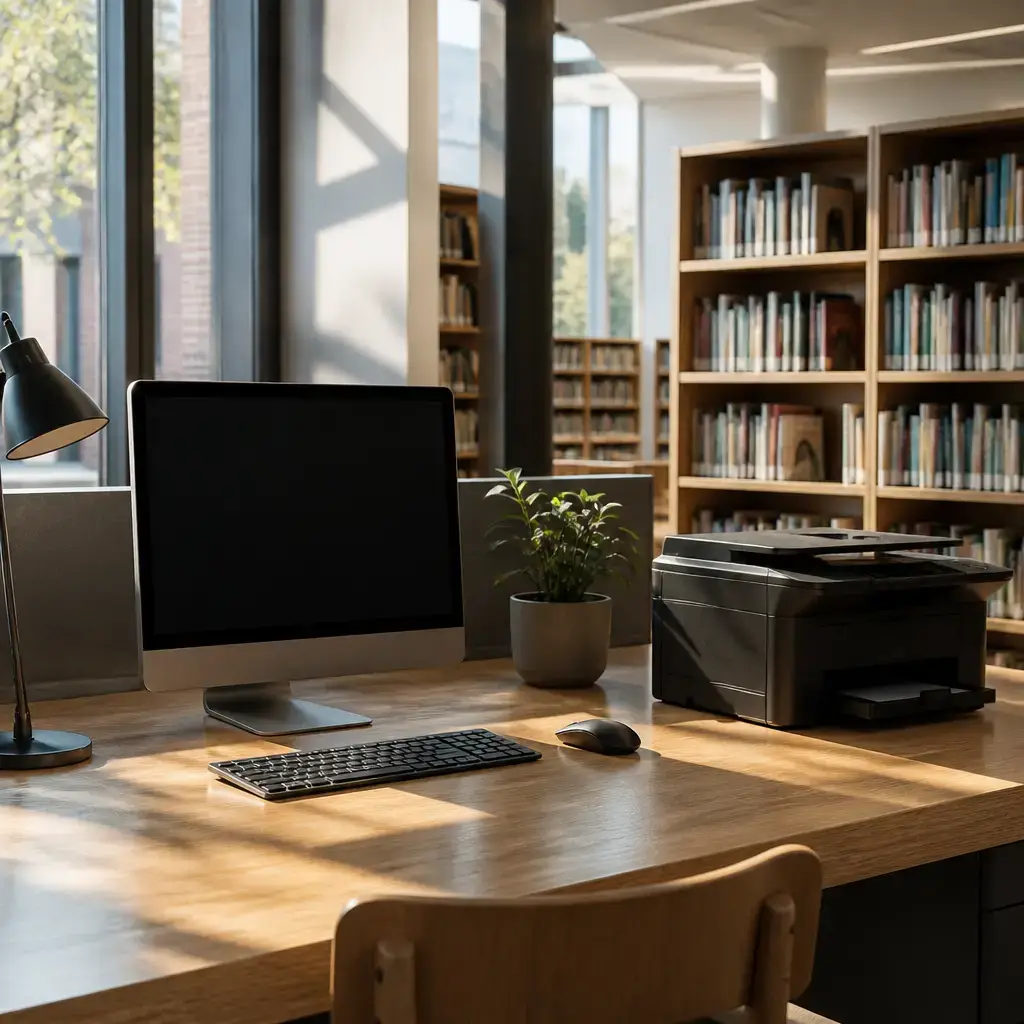 Japanese lesson set in a contemporary Tokyo everyday setting: In a library, one person asks to use a computer and printer while keeping the room quiet..