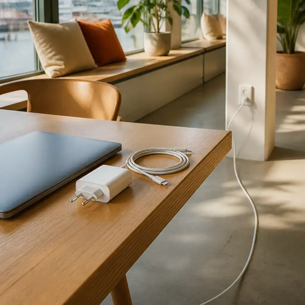 Japanese lesson set in a contemporary Tokyo everyday setting: In a shared space, one person borrows a charger and adapter and checks whether the cable can reach the table..