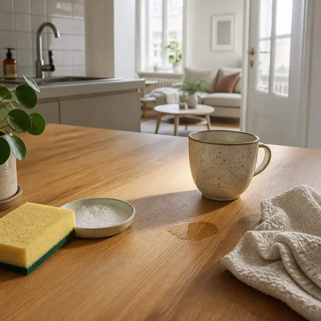 Japanese lesson set in a contemporary Tokyo everyday setting: At a table, two adults clean a small stain with a sponge and a little soap..