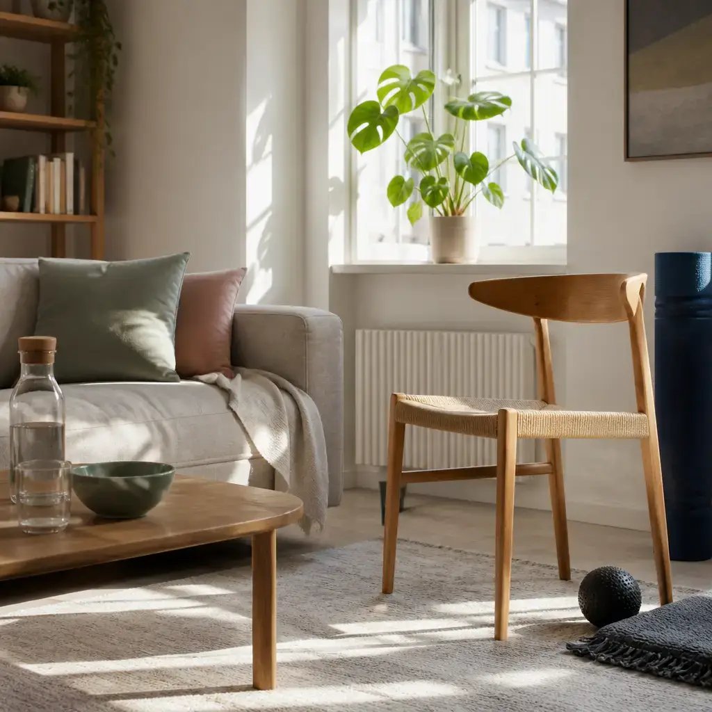 Japanese lesson set in a contemporary Tokyo everyday setting: At home, two adults talk about a sore back, sitting more comfortably, and standing up slowly..