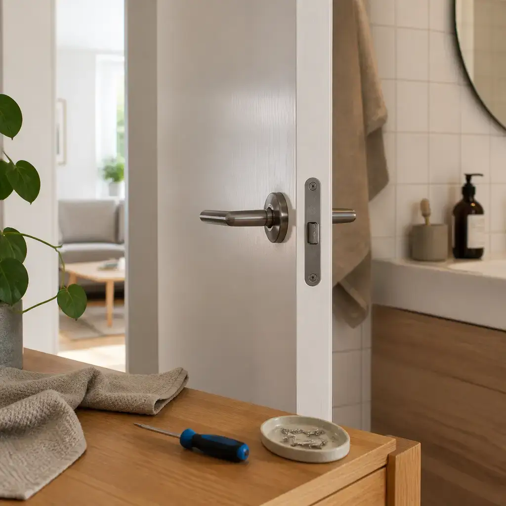 Japanese lesson set in a contemporary Tokyo everyday setting: At home, two adults tighten a loose bathroom door handle and agree to check it again later..