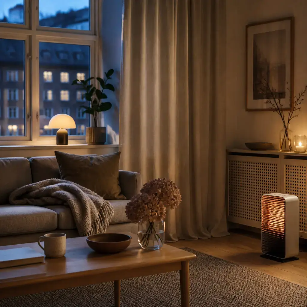 Japanese lesson set in a contemporary Tokyo everyday setting: At home in the evening, two adults close curtains, adjust warmth, and use softer light to make the room comfortable..