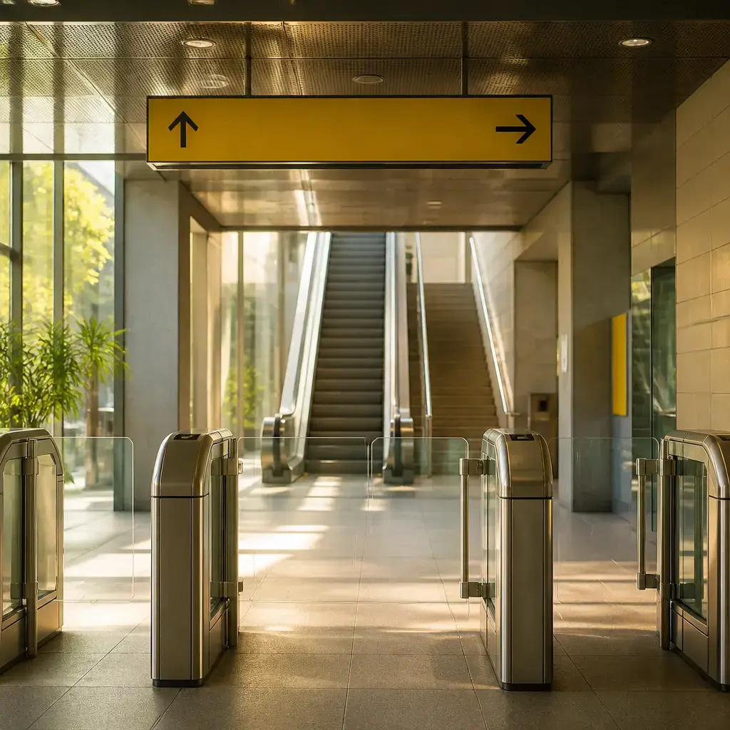 Japanese lesson set in a contemporary Tokyo everyday setting: Inside a station, one adult asks how to reach the main entrance and follows signs past the ticket gate..