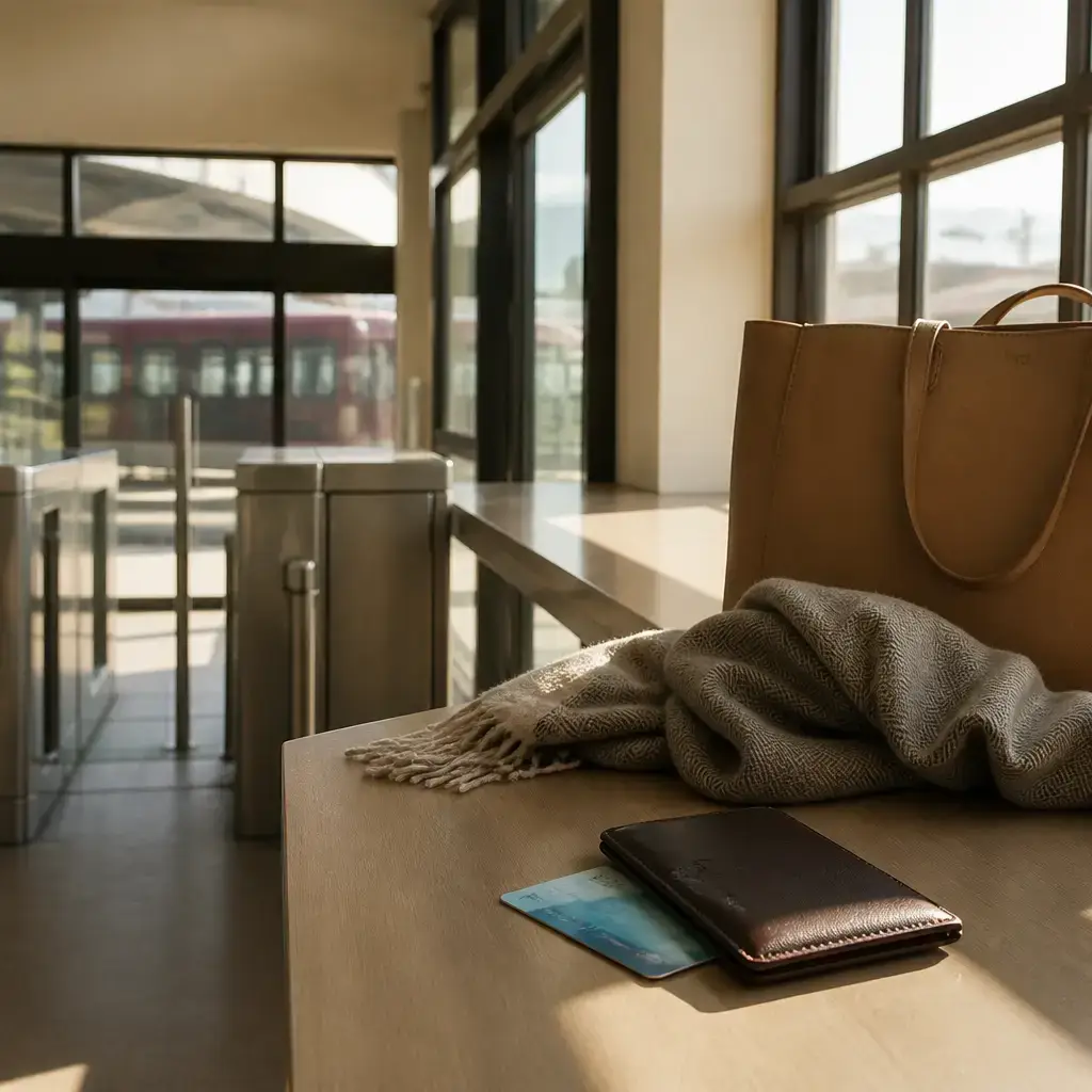 Japanese lesson set in a contemporary Tokyo everyday setting: After losing a travel card on a train, two adults discuss going to lost property and blocking the card..