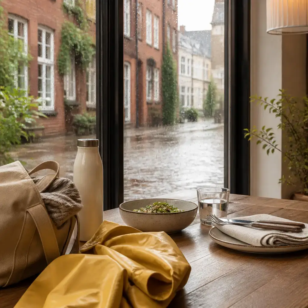 Japanese lesson set in a contemporary Tokyo everyday setting: Before a planned picnic, two friends choose an indoor lunch option in case the weather changes..