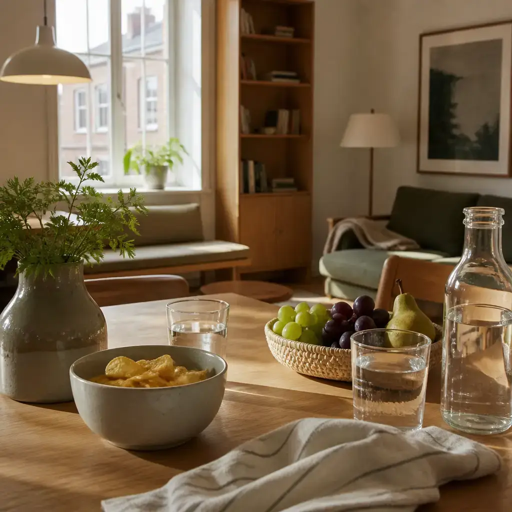 Japanese lesson set in a contemporary Tokyo everyday setting: While planning a simple outing, two friends choose a calm indoor place and decide to buy food there..