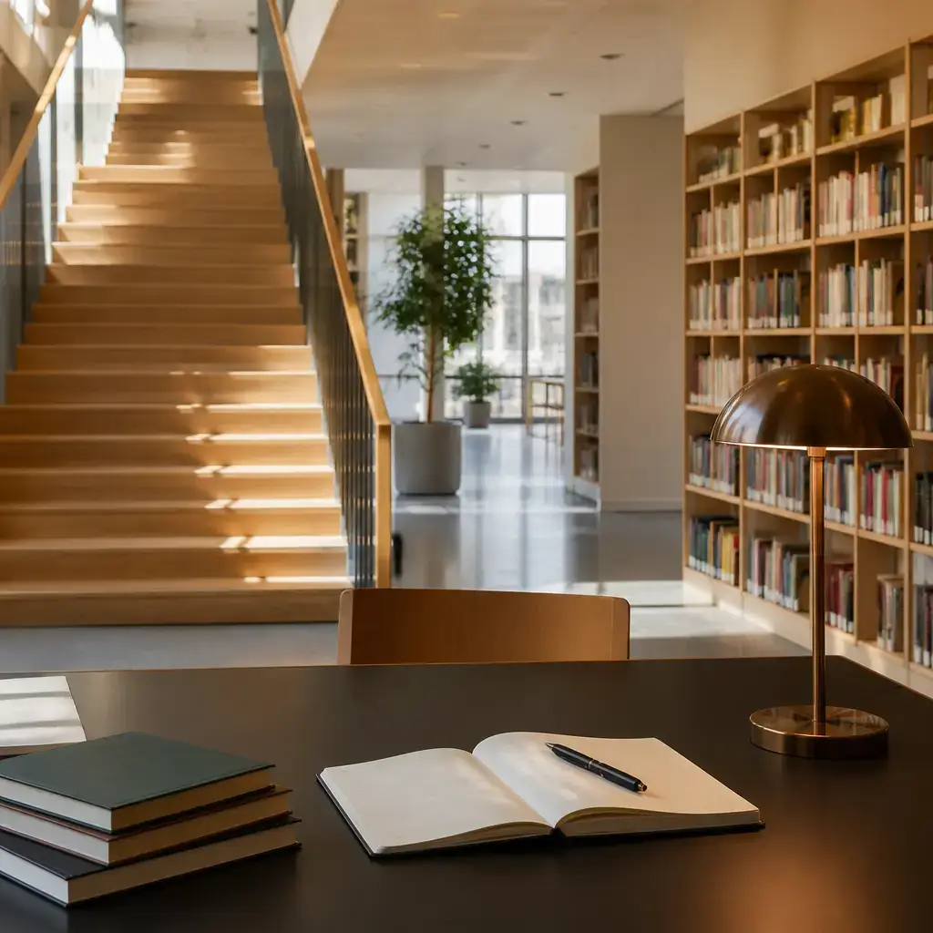 Japanese lesson set in a contemporary Tokyo everyday setting: In a library, one person asks for a quiet work area and learns where silent study and phone calls are allowed..