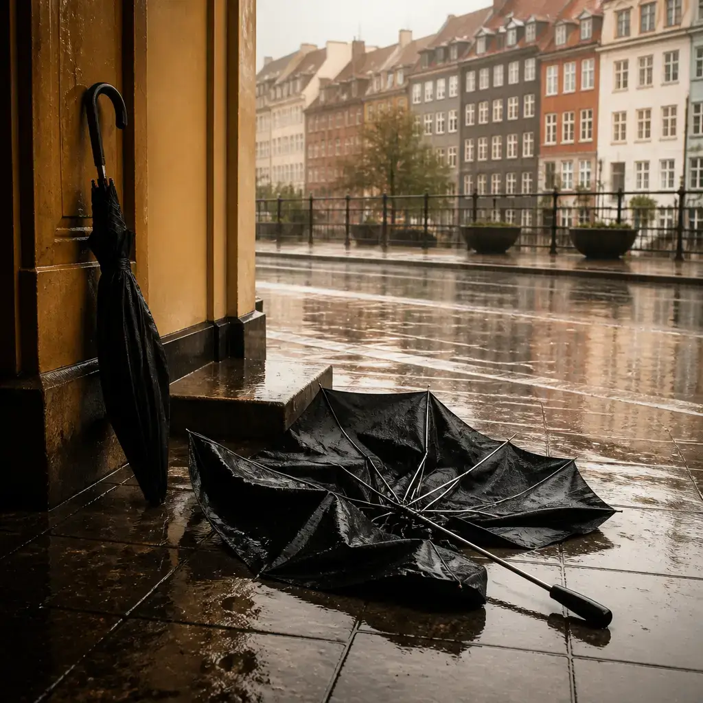 Japanese lesson set in a contemporary Tokyo everyday setting: Outside in heavy rain, one adult offers shelter and an extra umbrella after another person's umbrella breaks..