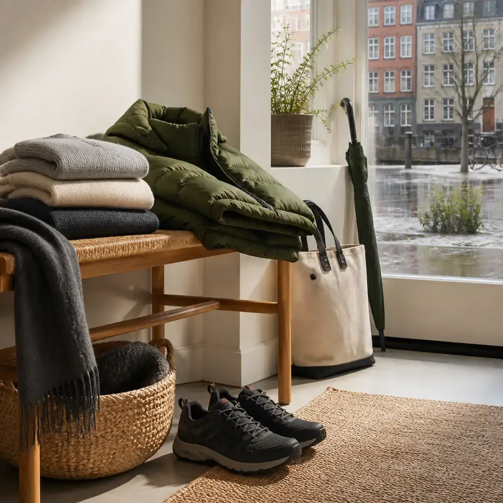 Japanese lesson set in a contemporary Tokyo everyday setting: Before going out in changing weather, two adults choose layers, a warm jacket, and shoes with good grip..