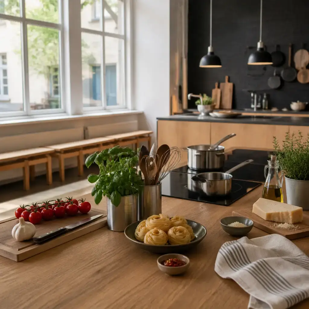 Japanese lesson set in a contemporary Tokyo everyday setting: In a community setting, two adults discuss a beginner cooking class with simple dishes and basic sauces..