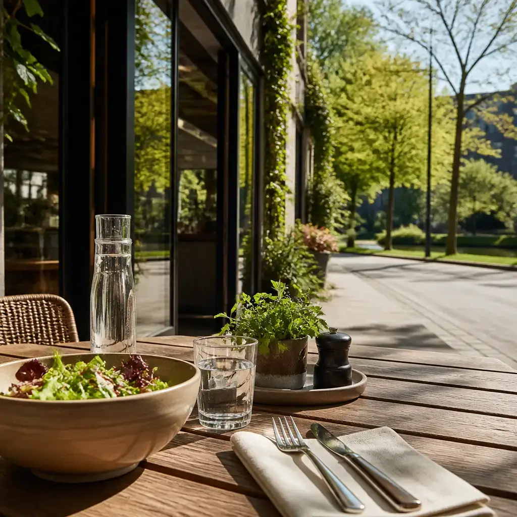 Japanese lesson set in a contemporary Tokyo everyday setting: During a lunch break, two adults compare nearby places and choose the closer restaurant to have more time to eat..