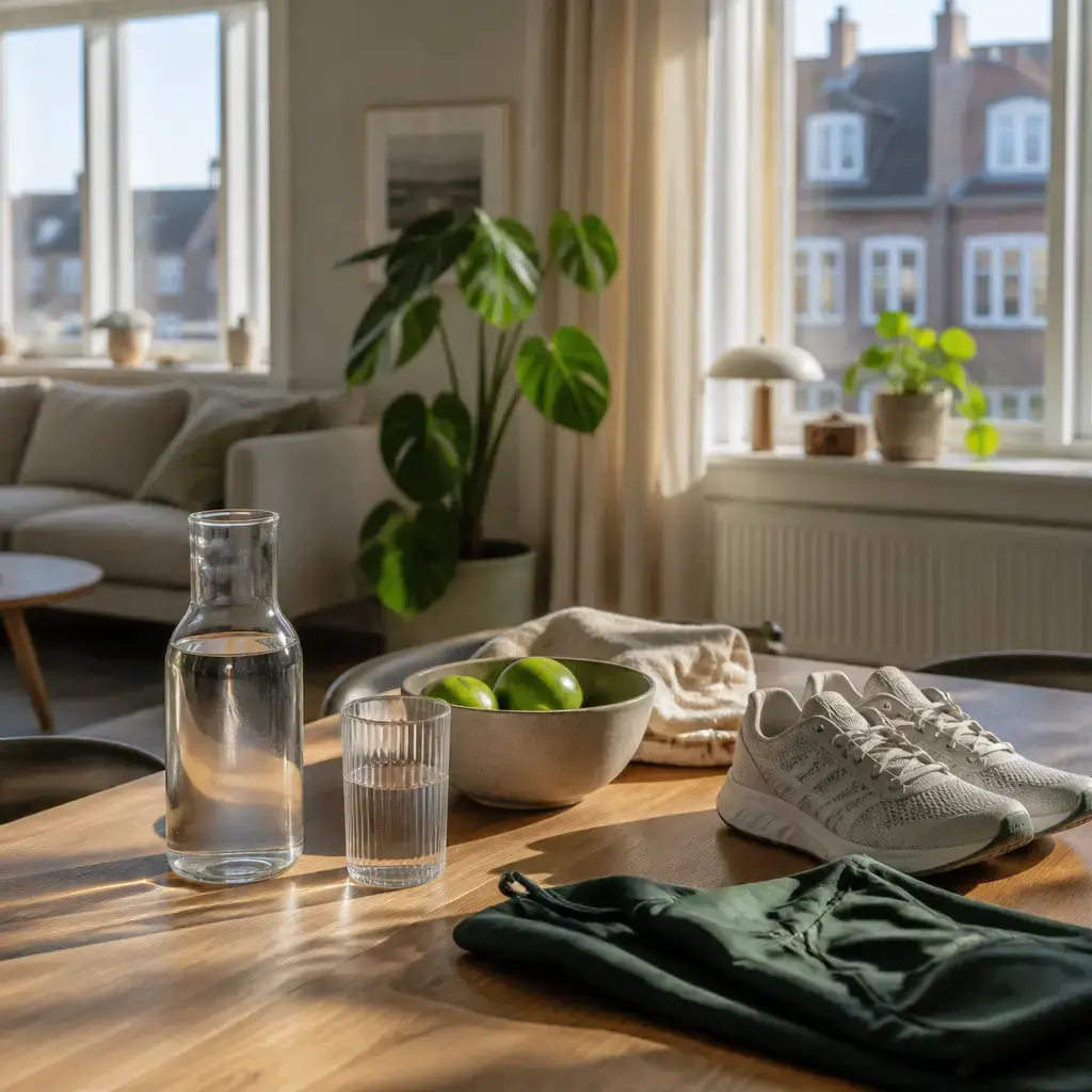Japanese lesson set in a contemporary Tokyo everyday setting: At home, two adults discuss small daily health changes, including drinking more water and taking a short walk..