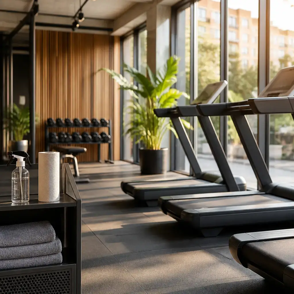 Japanese lesson set in a contemporary Tokyo everyday setting: In a shared gym, two adults discuss using a treadmill briefly when others may be waiting and cleaning it afterward..