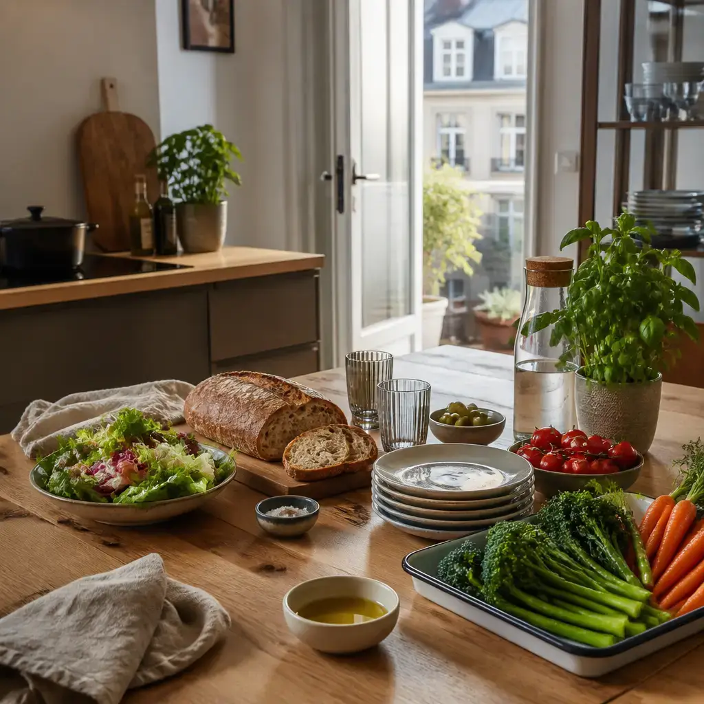 Japanese lesson set in a contemporary Tokyo everyday setting: At home before dinner guests arrive, two adults plan starters, vegetables, and serving order so the meal timing stays manageable..