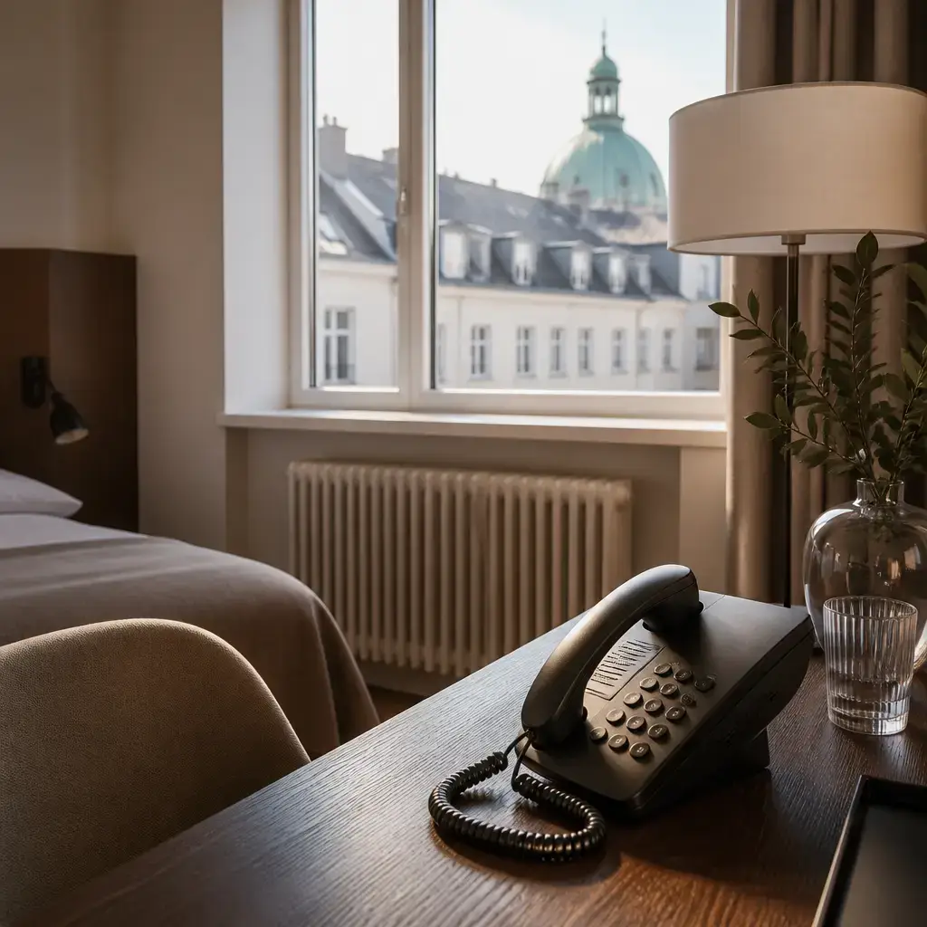 Japanese lesson set in a contemporary Tokyo everyday setting: From a hotel room, a guest calls the front desk about broken heating and asks about repair or another room..