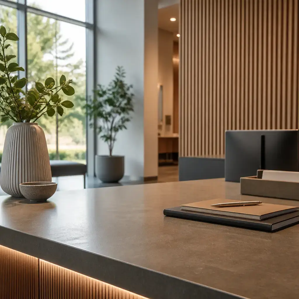 Japanese lesson set in a contemporary Tokyo everyday setting: At a reception desk, a visitor asks staff to correct a misspelled family name and update contact preferences before an appointment..