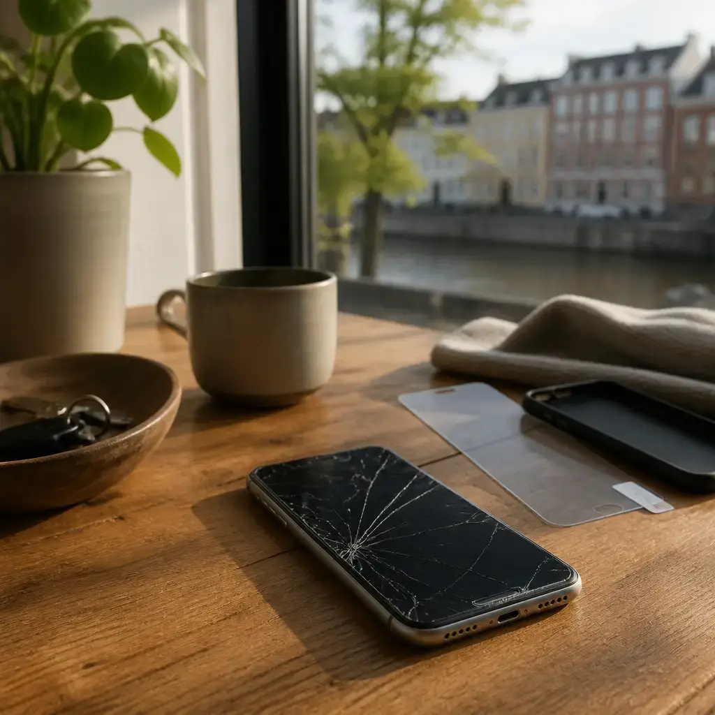 Japanese lesson set in a contemporary Tokyo everyday setting: In daily life, two adults discuss backing up a phone, protecting a cracked screen, and arranging a repair..