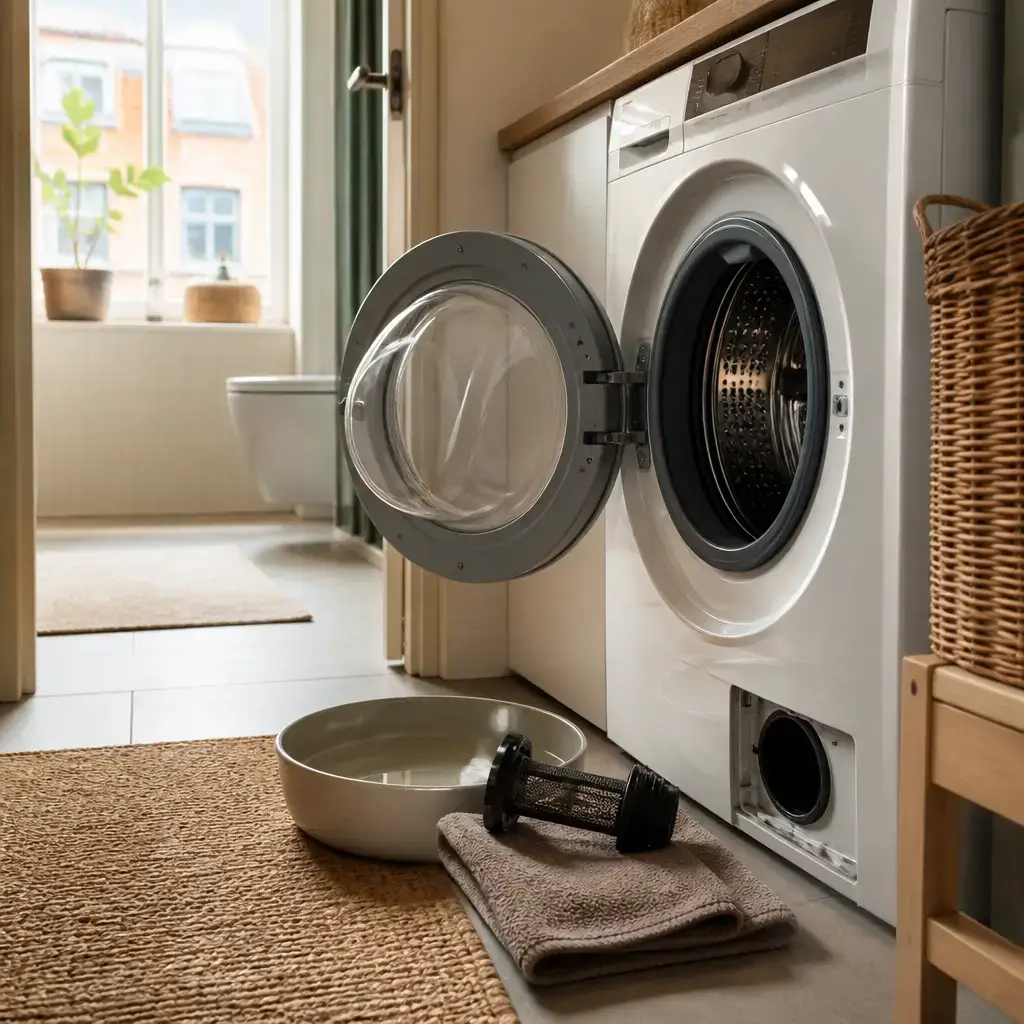 Japanese lesson set in a contemporary Tokyo everyday setting: In daily life, two adults troubleshoot a washing machine warning by checking the manual, cleaning the filter safely, and contacting maintenance if needed..