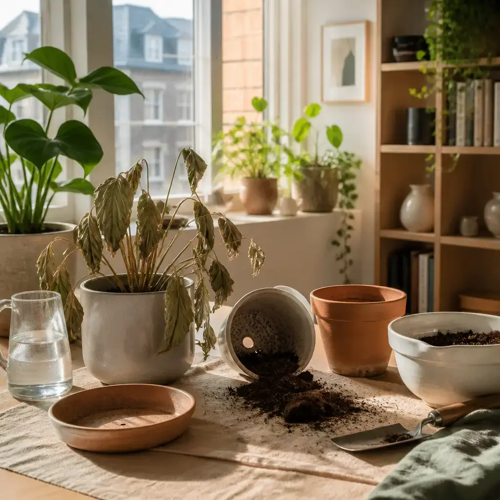 Japanese lesson set in a contemporary Tokyo everyday setting: At home, two adults troubleshoot a wilting plant by checking watering, drainage, light, and repotting..