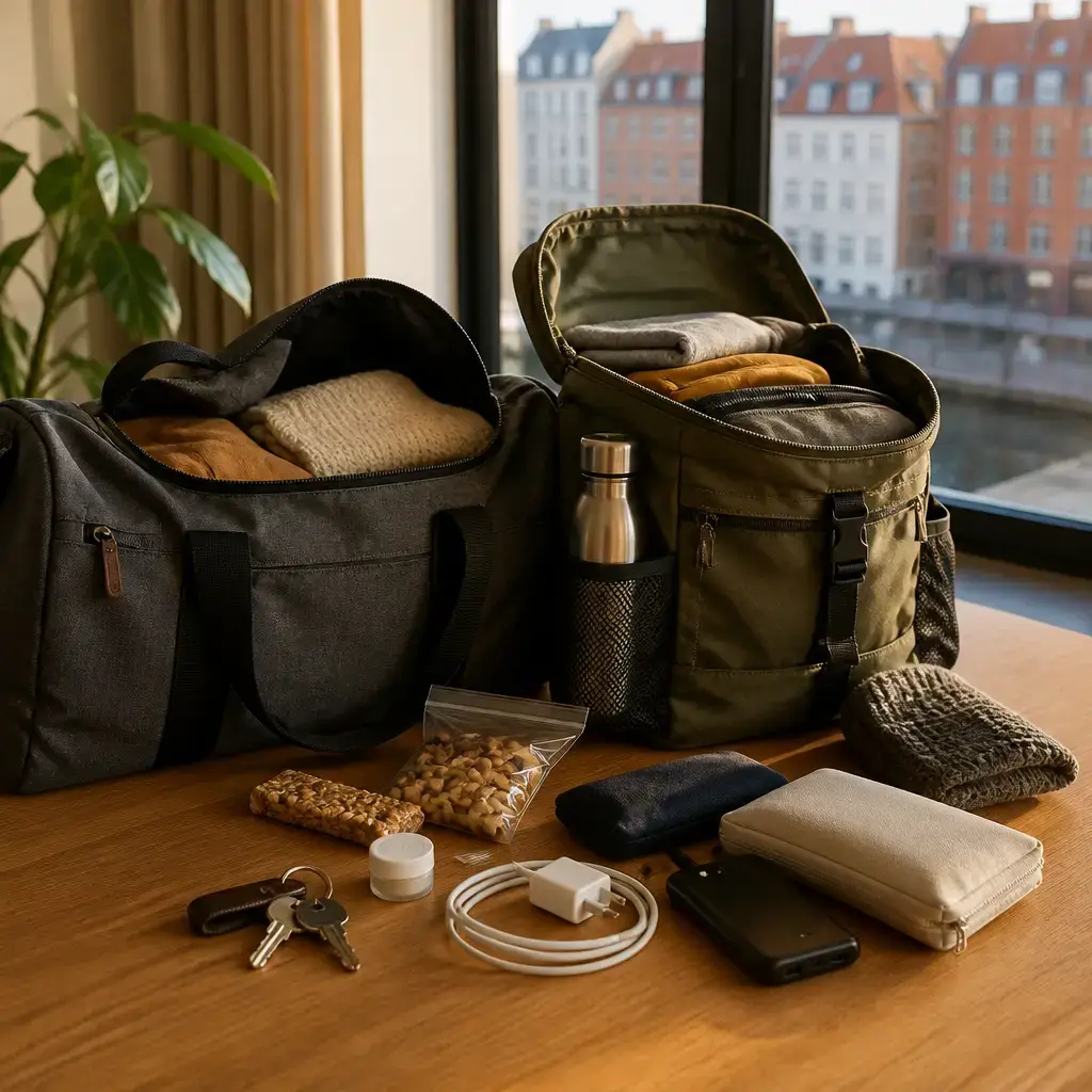 Japanese lesson set in a contemporary Tokyo everyday setting: Before leaving for a trip, two adults check travel bags for journey items, chargers, snacks, water, and extra space..