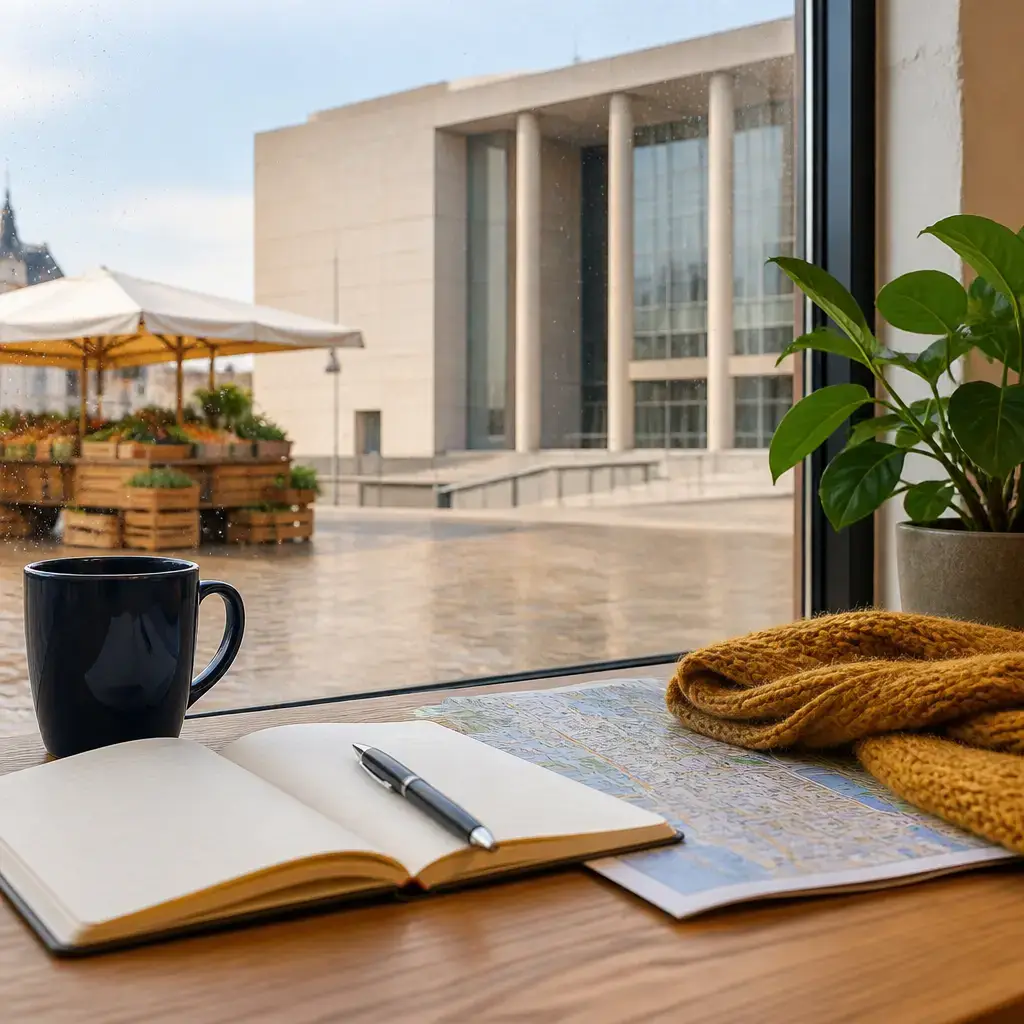 Japanese lesson set in a contemporary Tokyo everyday setting: Before meeting others, two adults choose between an outdoor market and an indoor museum in case the weather changes..