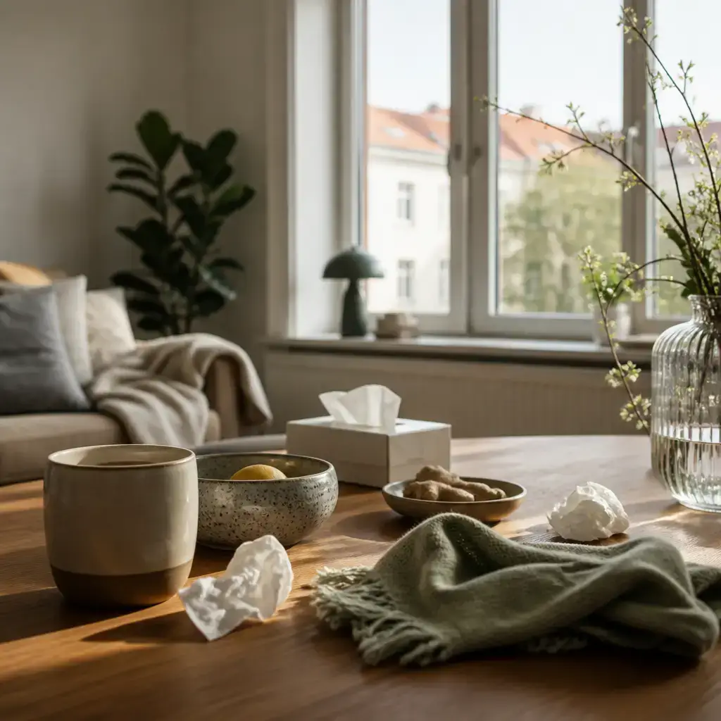 Japanese lesson set in a contemporary Tokyo everyday setting: At home before calling a clinic, two adults organize cough symptoms, recent changes, worries, and questions about urgent help..