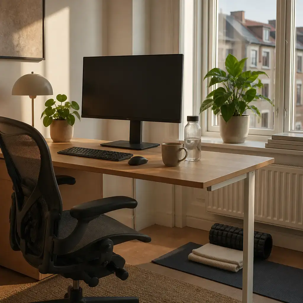 Japanese lesson set in a contemporary Tokyo everyday setting: At home after a desk-heavy day, two adults discuss back pain, screen position, gentle stretching, and when to seek professional help..
