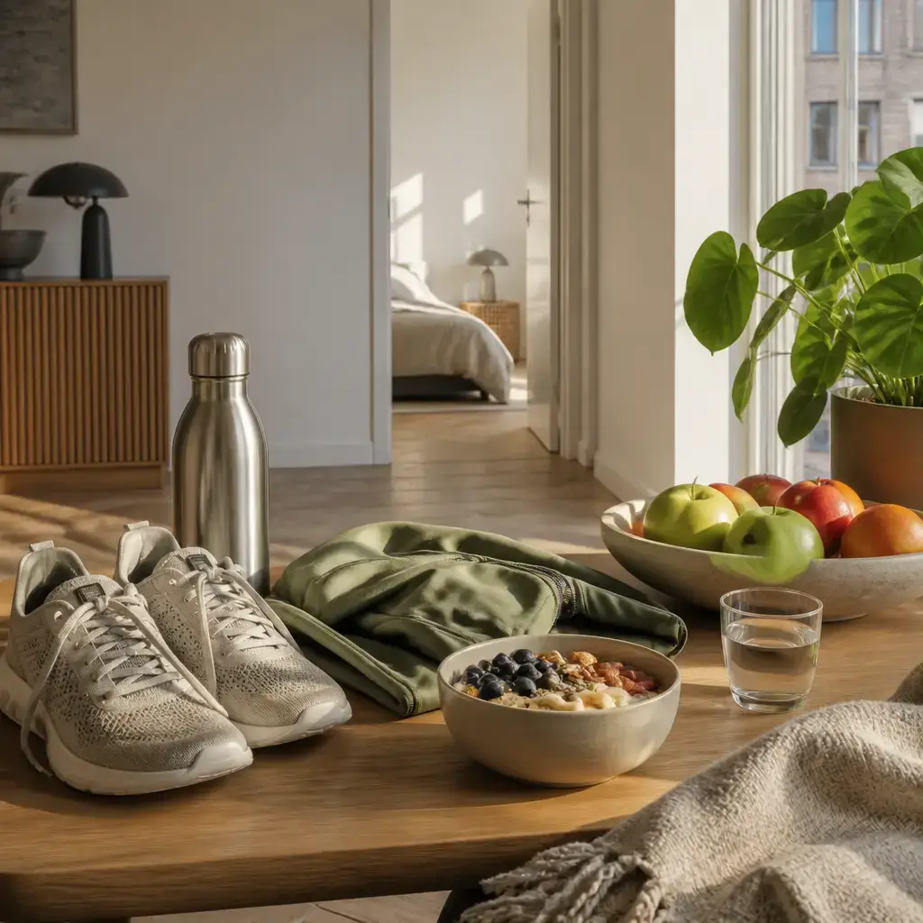 Japanese lesson set in a contemporary Tokyo everyday setting: At home, two adults choose one realistic health habit by starting with short walks before adding meals and earlier sleep..