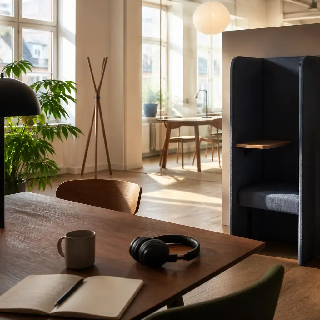 Japanese lesson set in a contemporary Tokyo everyday setting: In a shared workspace, one person explains a table reservation and another agrees to move to a better place for a call..