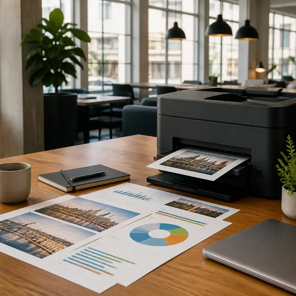 Japanese lesson set in a contemporary Tokyo everyday setting: In a shared workspace, two colleagues troubleshoot a printer problem by checking large images and testing the file from another account..