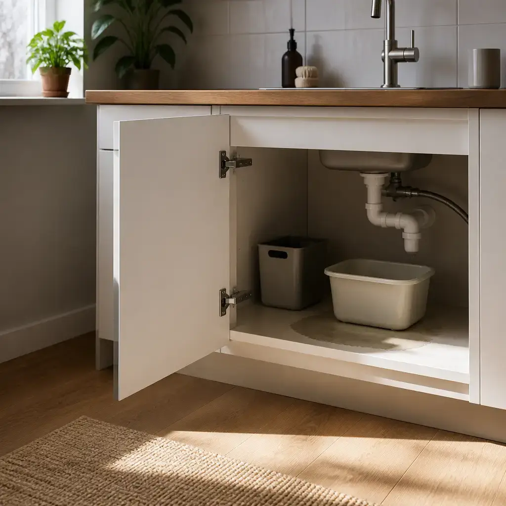 Japanese lesson set in a contemporary Tokyo everyday setting: At home, a tenant reports a slow leak under the kitchen sink and adds concrete details for an urgent maintenance request..