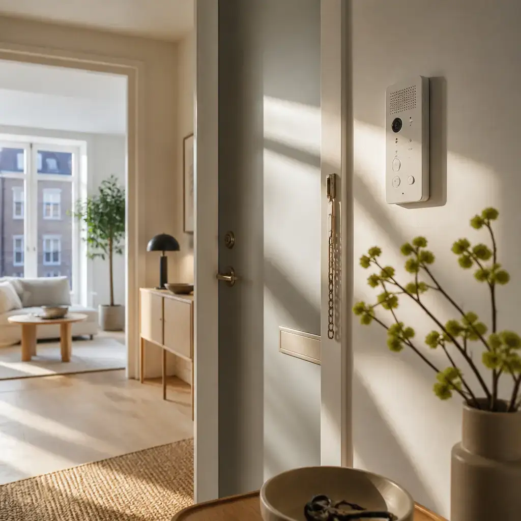 Japanese lesson set in a contemporary Tokyo everyday setting: At home, a tenant asks building staff to verify an unexpected maintenance visitor before allowing anyone inside..
