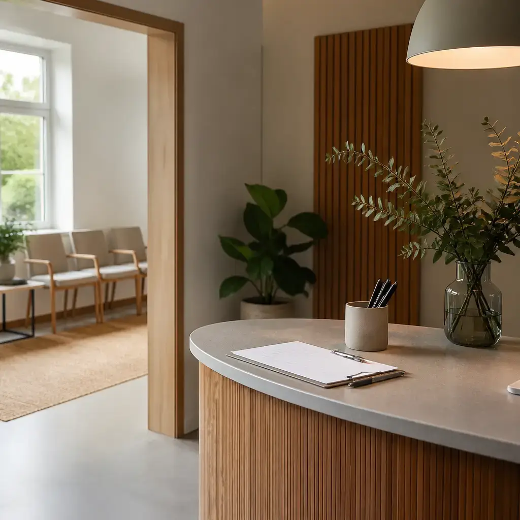 Japanese lesson set in a contemporary Tokyo everyday setting: At a clinic reception, one adult asks to discuss sensitive details privately and to share most background information on written forms..
