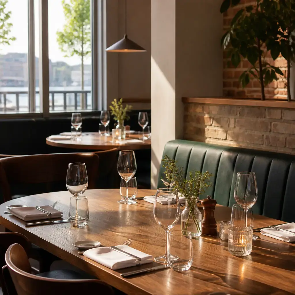 Japanese lesson set in a contemporary Tokyo everyday setting: At a restaurant, a guest explains that a reserved table is too loud and a staff member offers a quieter corner table..