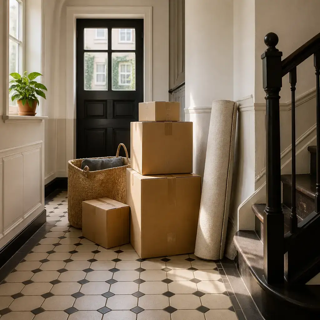 Japanese lesson set in a contemporary Tokyo everyday setting: In a shared building hallway, two neighbors discuss boxes blocking access and plan a neutral safety message to residents..