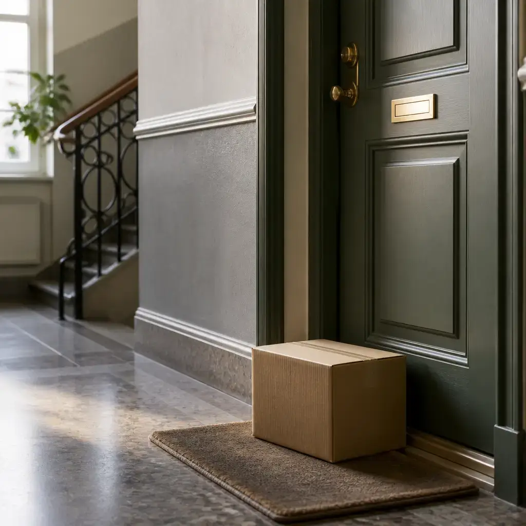 Japanese lesson set in a contemporary Tokyo everyday setting: In a shared building, one neighbor checks on a misdelivered package and arranges to pick it up from another neighbor's door..