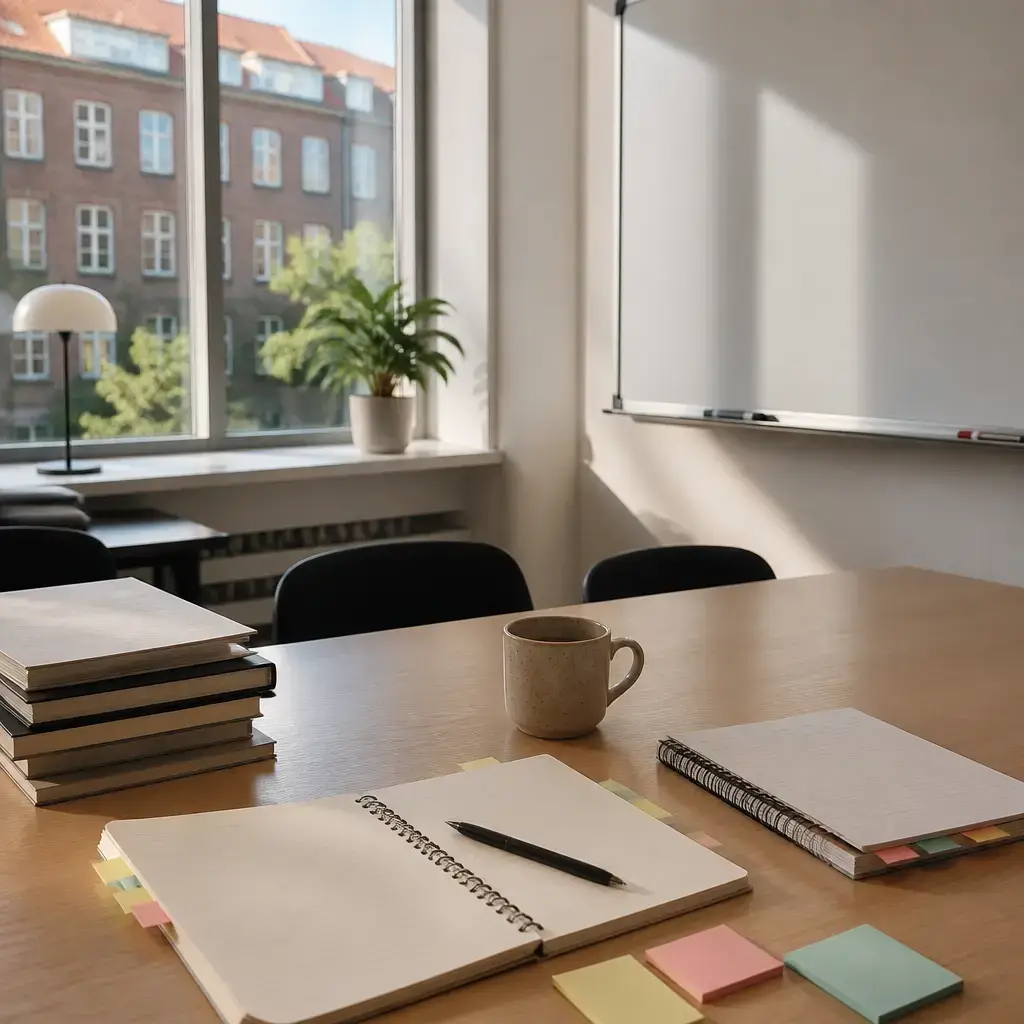 Japanese lesson set in a contemporary Tokyo everyday setting: During an academic tutoring session, a student and tutor discuss using notes, rehearsal, and flexible signposts to manage presentation anxiety..