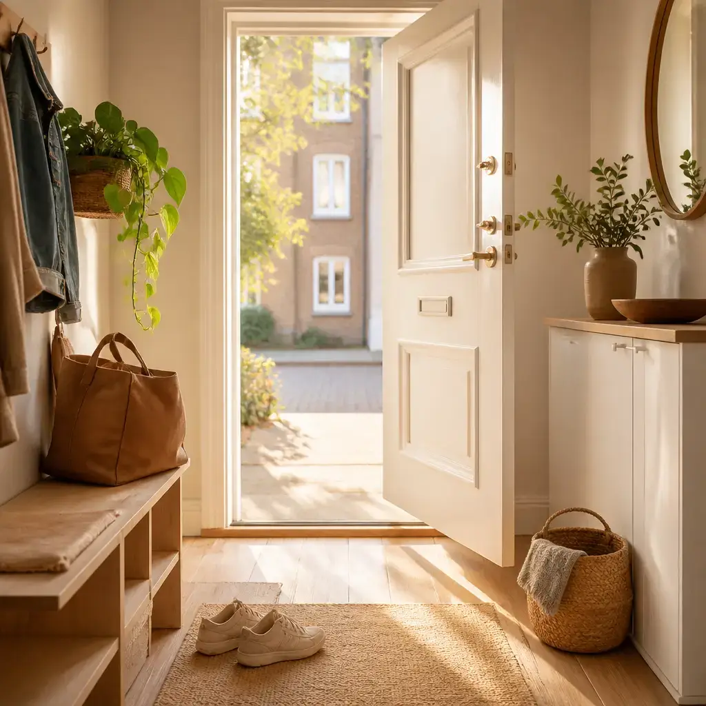 Danish lesson set in a contemporary Copenhagen everyday setting: Morning greeting at home/work/school — casual 'good morning' + brief small talk.