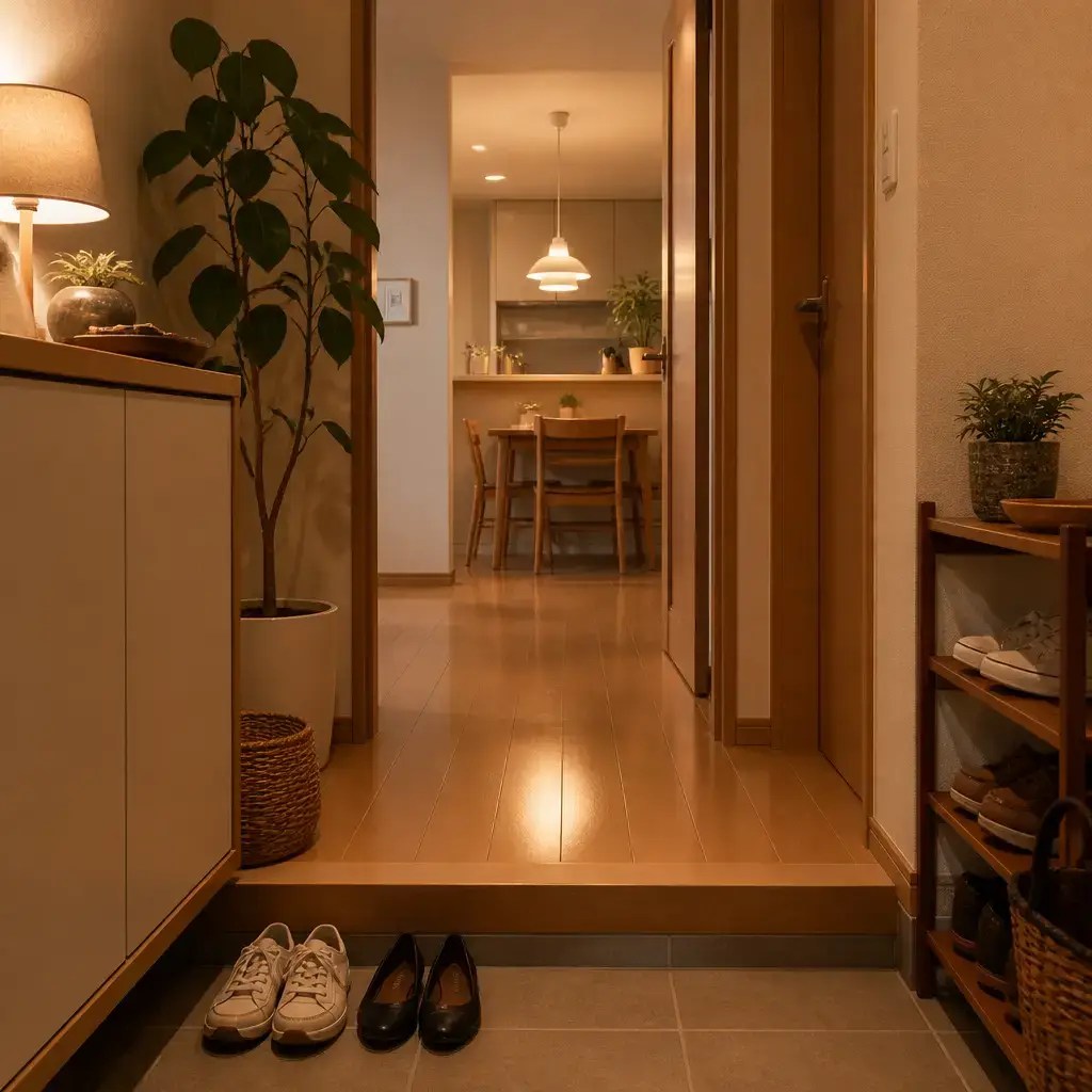Japanese lesson set in a contemporary Tokyo everyday setting: Arriving home and greeting someone in a simple, natural way.